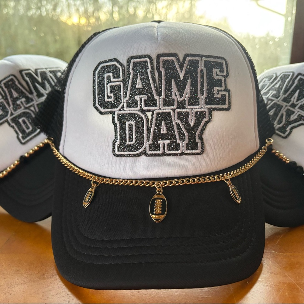 Game Day Trucker Hat - Brand New, Handmade Black and White with Gold Chain